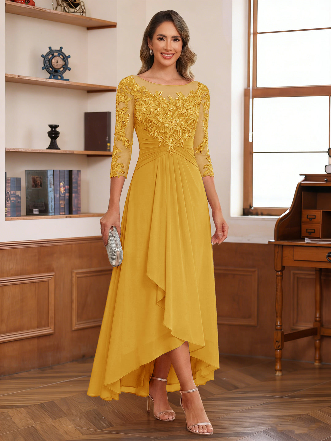 A-Line/Princess Scoop 3/4 Sleeves Ankle-Length Mother of the Bride Dress With Appliques &amp; Lace