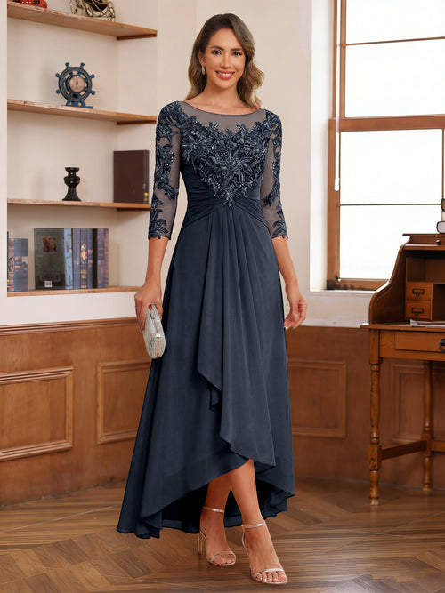 A-Line/Princess Scoop 3/4 Sleeves Ankle-Length Mother of the Bride Dress With Appliques & Lace