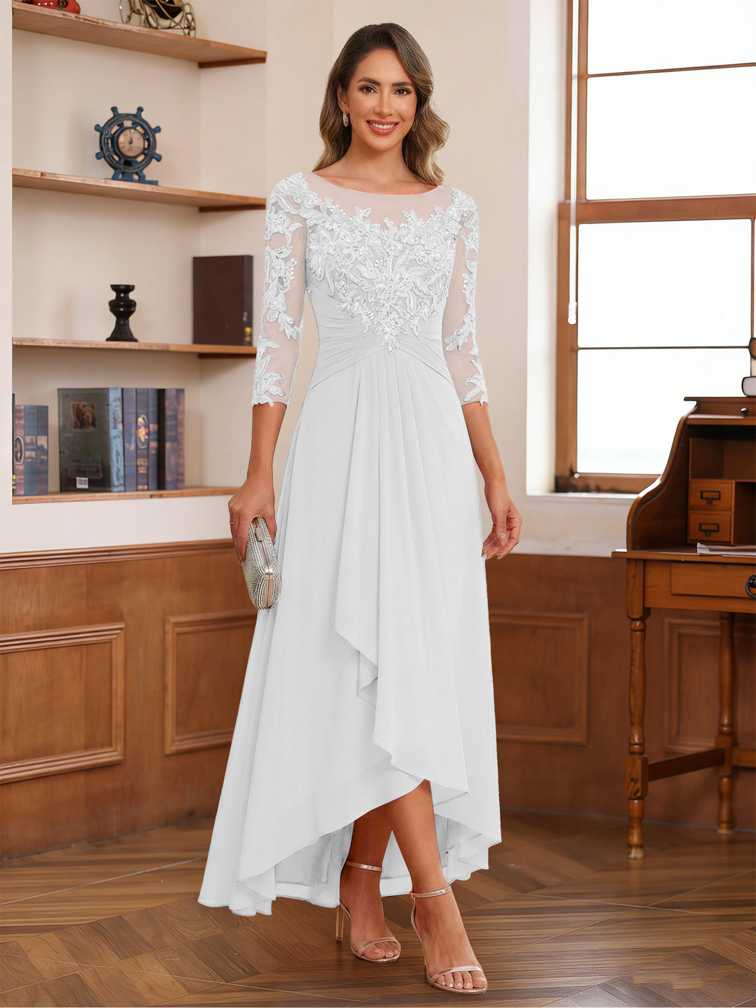 A-Line/Princess Scoop 3/4 Sleeves Ankle-Length Mother of the Bride Dress With Appliques &amp; Lace