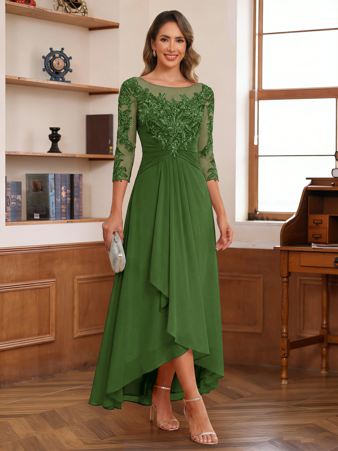 A-Line/Princess Scoop 3/4 Sleeves Ankle-Length Mother of the Bride Dress With Appliques &amp; Lace