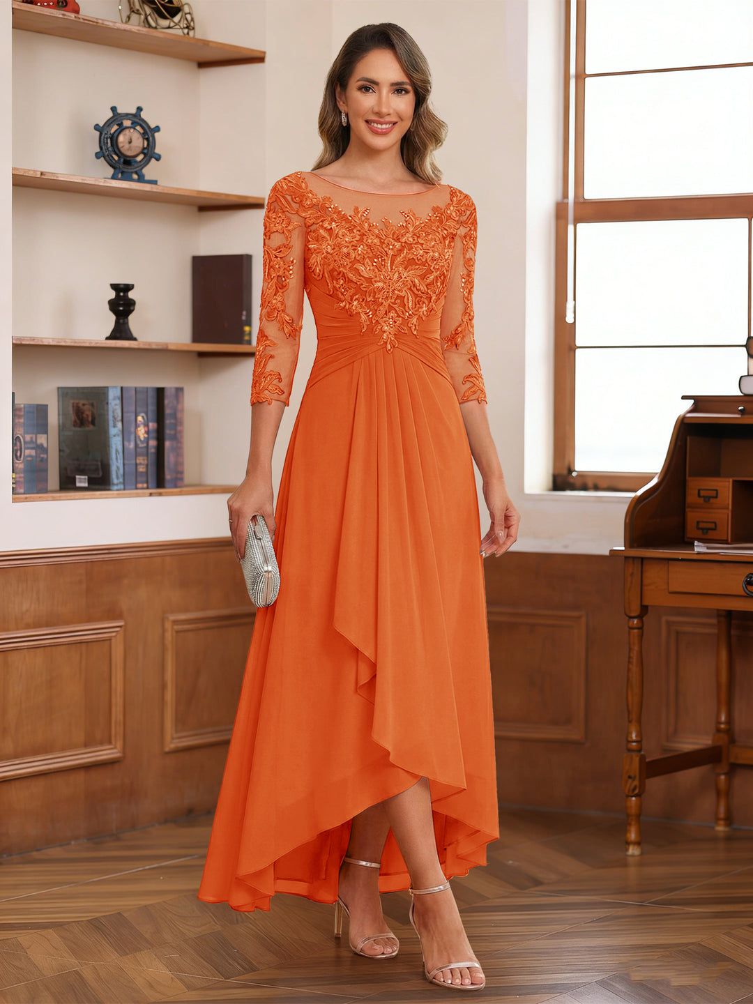 A-Line/Princess Scoop 3/4 Sleeves Ankle-Length Mother of the Bride Dress With Appliques &amp; Lace