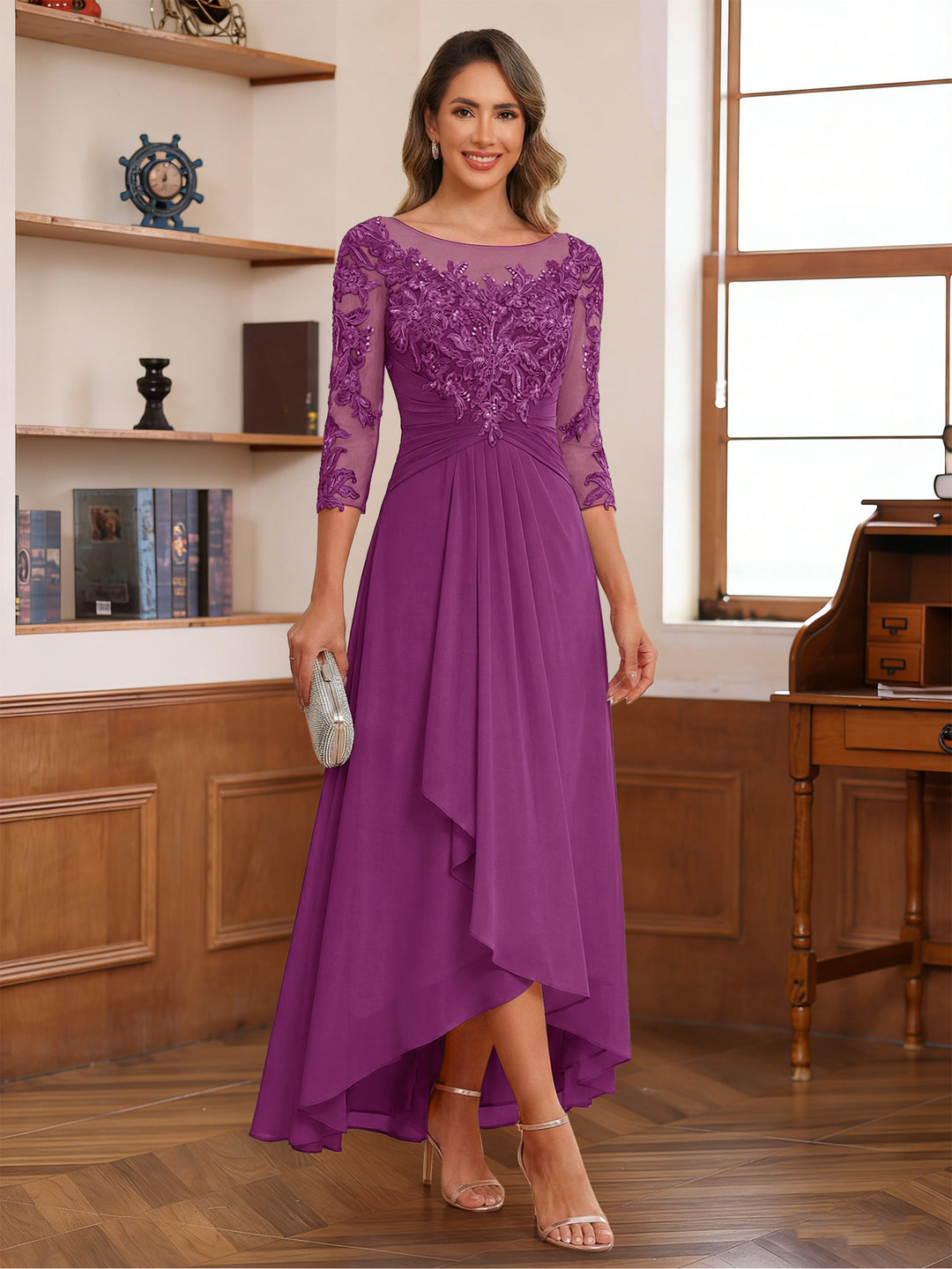 Lavetir Wine Red A-Line/Princess Scoop 3/4 Sleeves Ankle-Length Mother of the Bride Dress With Appliques & Lace 2026