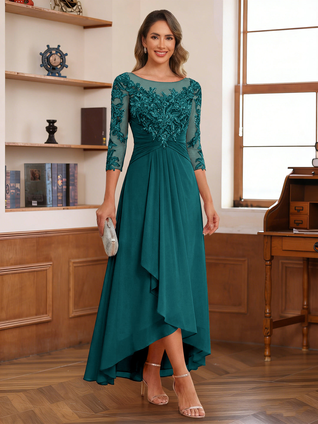 A-Line/Princess Scoop 3/4 Sleeves Ankle-Length Mother of the Bride Dress With Appliques &amp; Lace