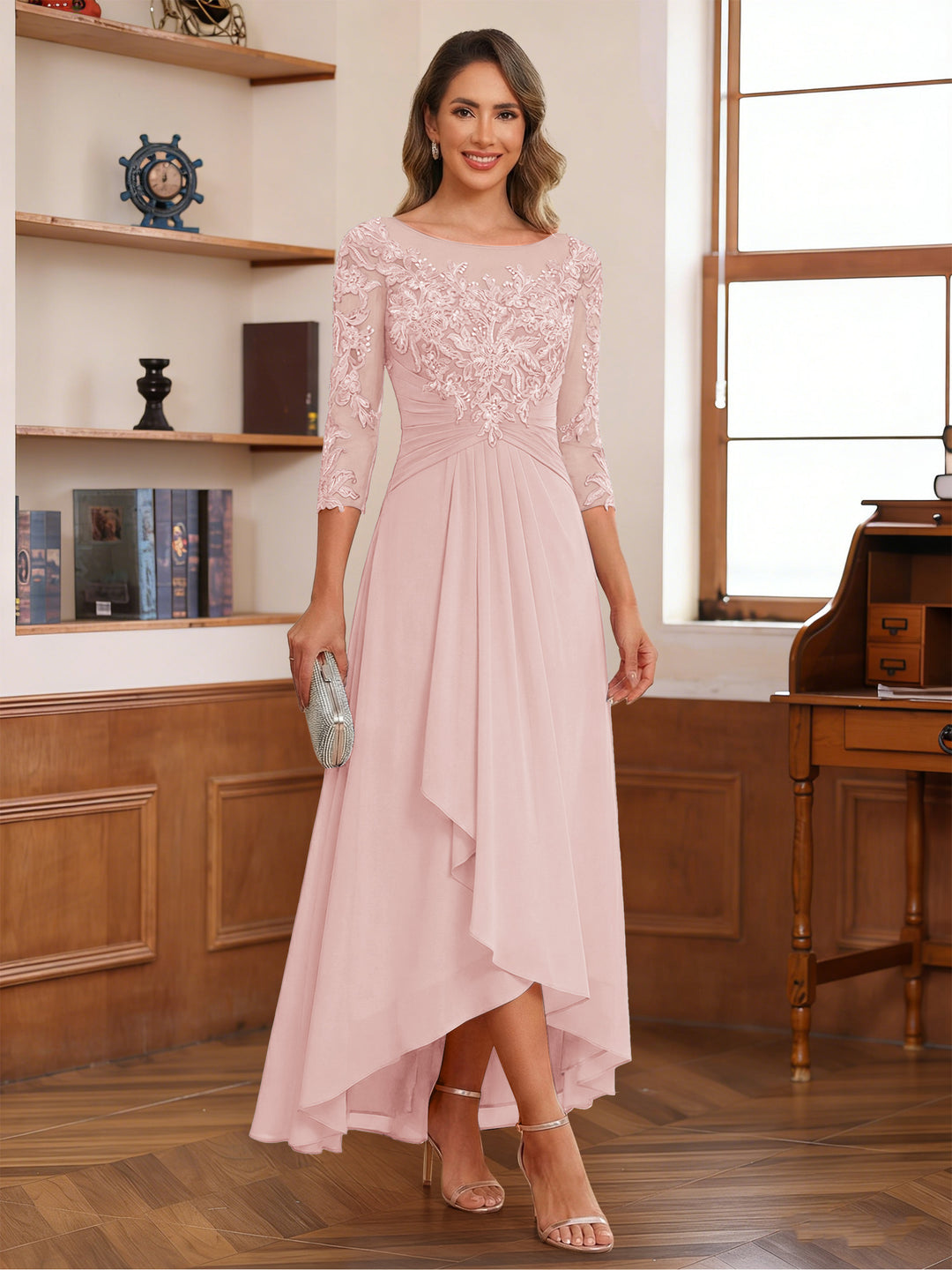 A-Line/Princess Scoop 3/4 Sleeves Ankle-Length Mother of the Bride Dress With Appliques &amp; Lace