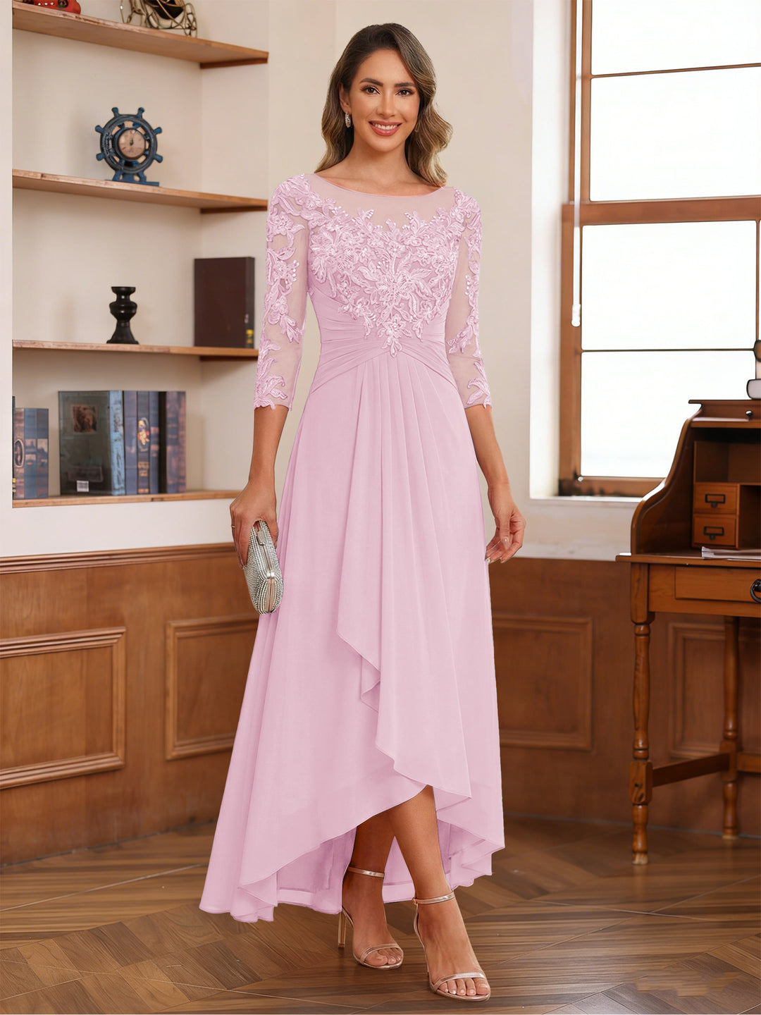 A-Line/Princess Scoop 3/4 Sleeves Ankle-Length Mother of the Bride Dress With Appliques &amp; Lace
