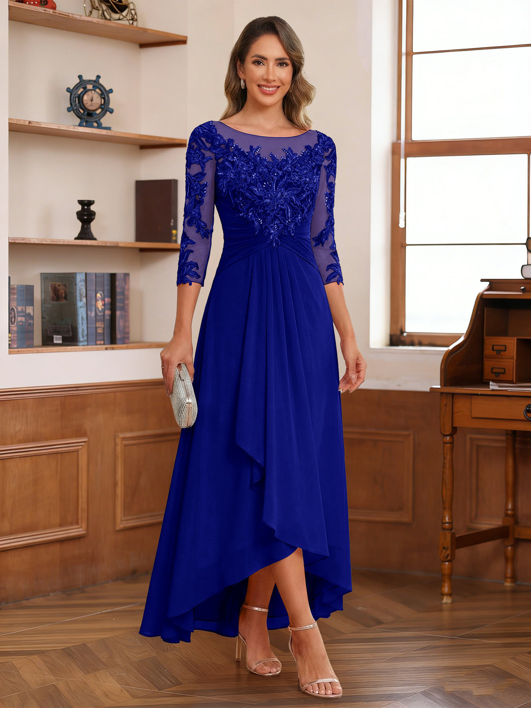 A-Line/Princess Scoop 3/4 Sleeves Ankle-Length Mother of the Bride Dress With Appliques &amp; Lace