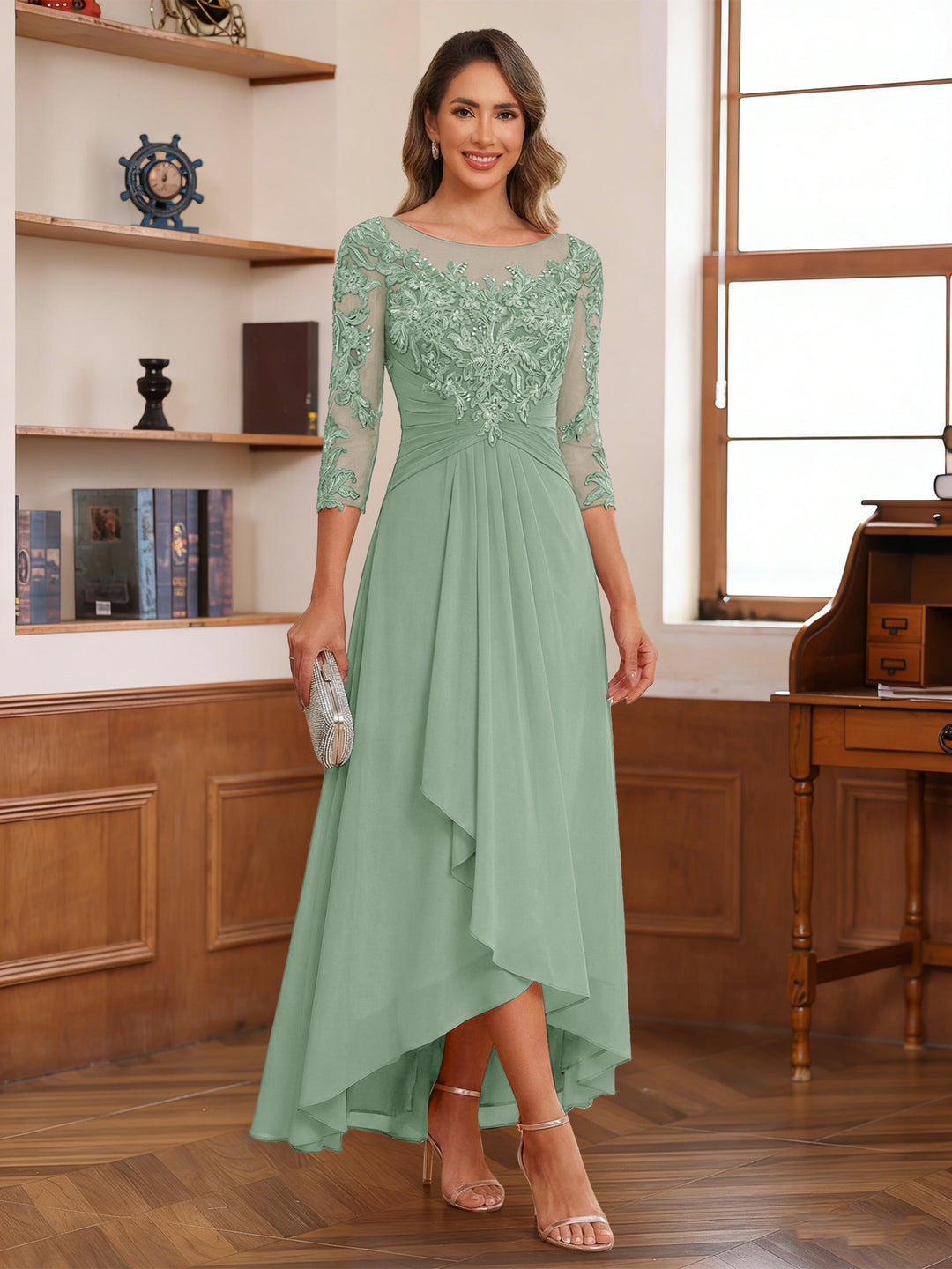 A-Line/Princess Scoop 3/4 Sleeves Ankle-Length Mother of the Bride Dress With Appliques &amp; Lace