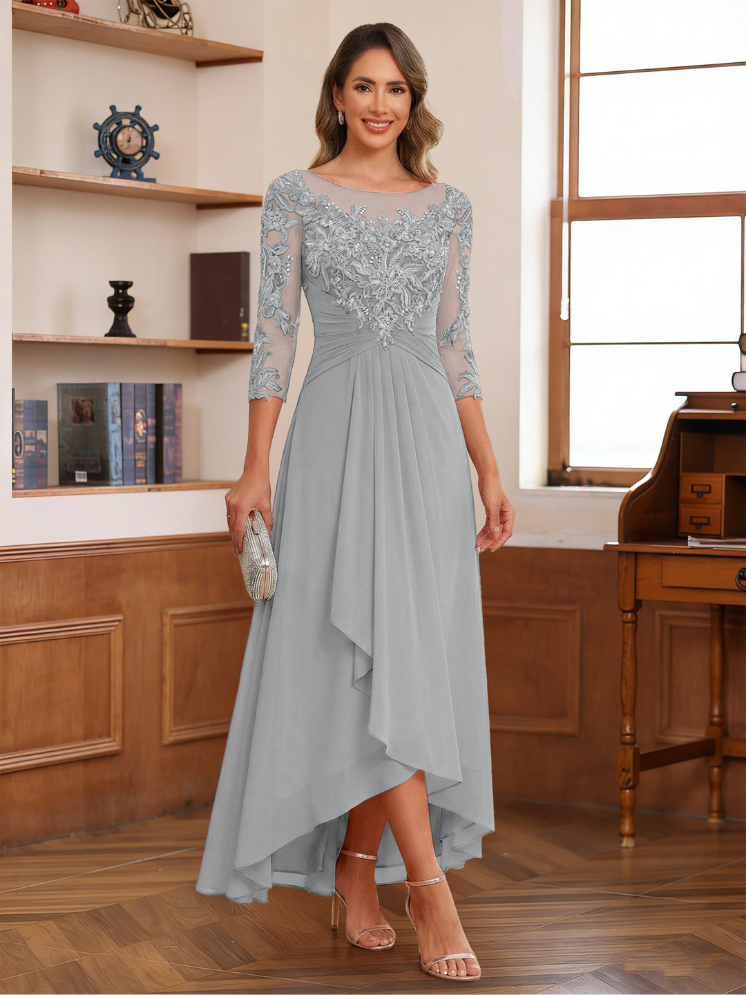 A-Line/Princess Scoop 3/4 Sleeves Ankle-Length Mother of the Bride Dress With Appliques &amp; Lace