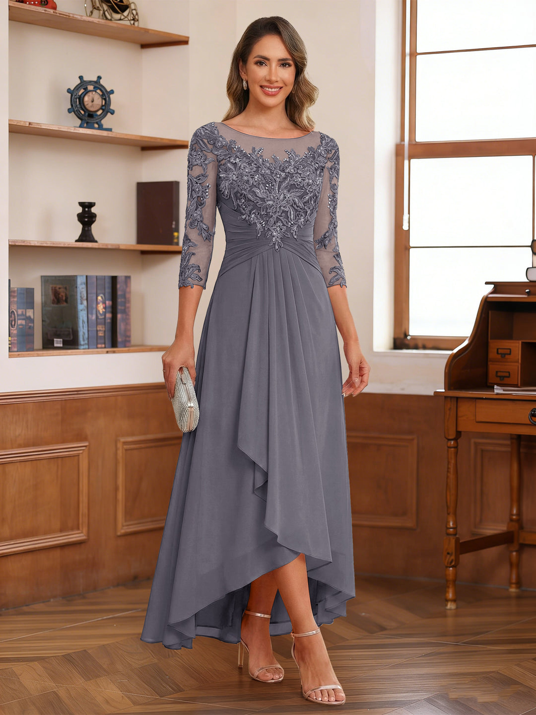 A-Line/Princess Scoop 3/4 Sleeves Ankle-Length Mother of the Bride Dress With Appliques &amp; Lace
