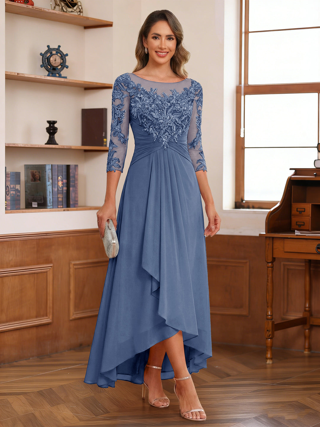 A-Line/Princess Scoop 3/4 Sleeves Ankle-Length Mother of the Bride Dress With Appliques &amp; Lace