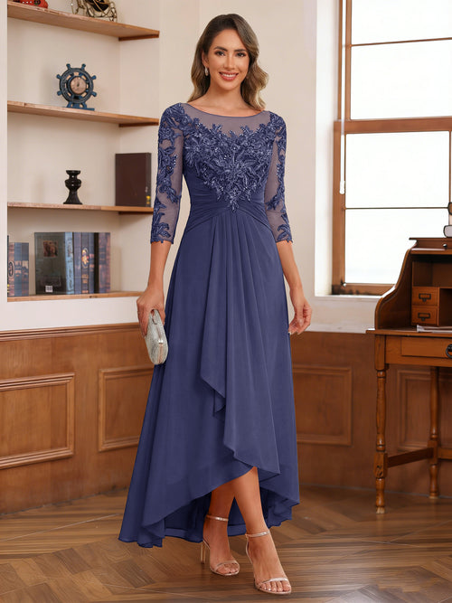 A-Line/Princess Scoop 3/4 Sleeves Ankle-Length Mother of the Bride Dress With Appliques & Lace