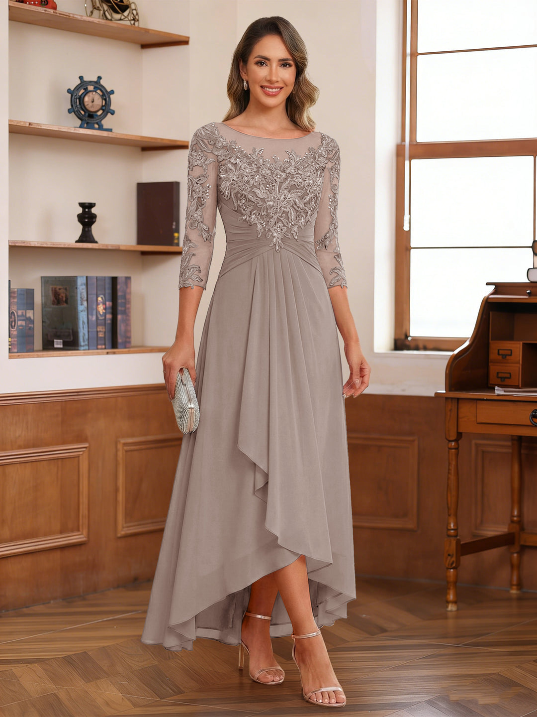 A-Line/Princess Scoop 3/4 Sleeves Ankle-Length Mother of the Bride Dress With Appliques &amp; Lace