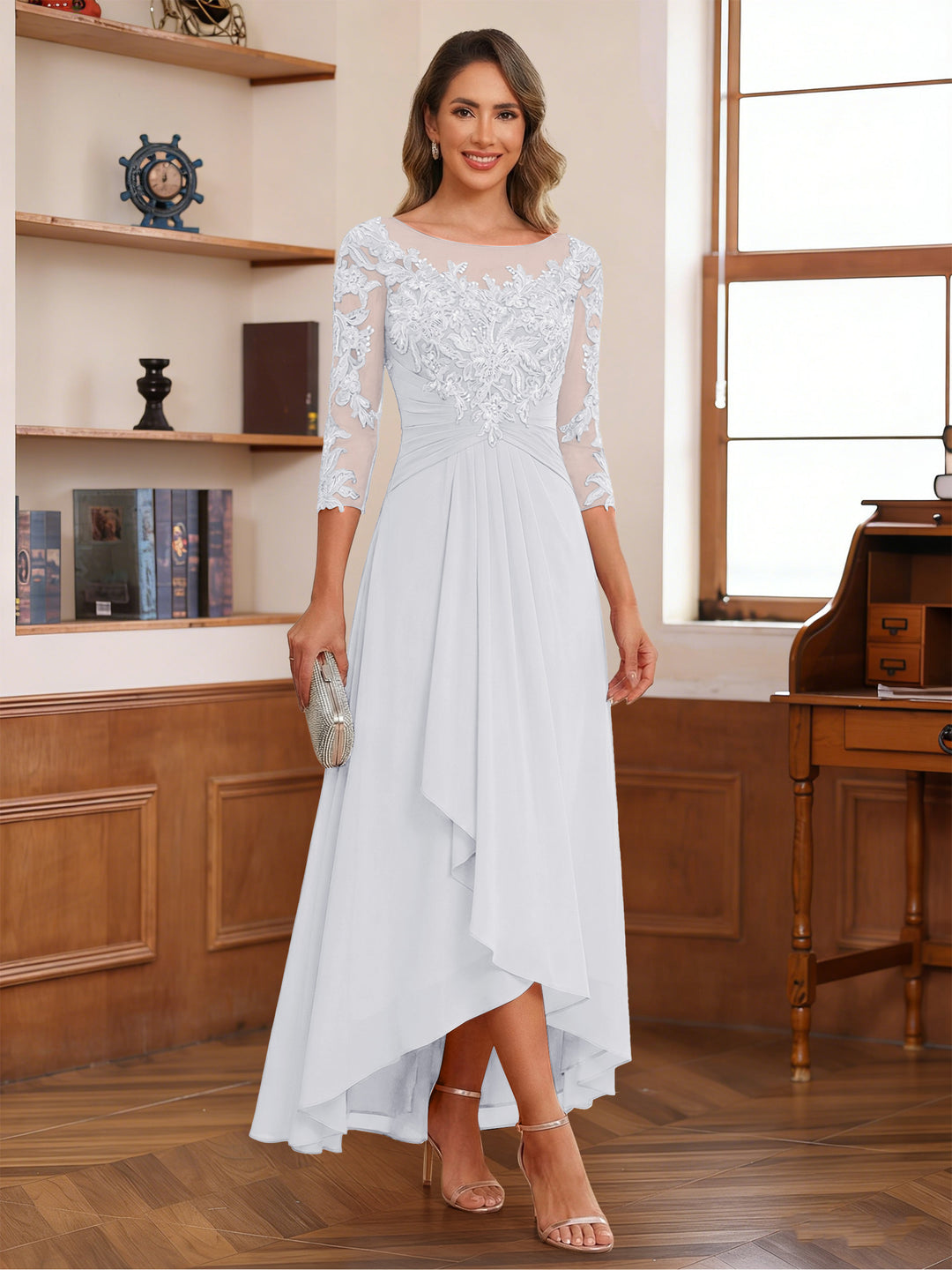 A-Line/Princess Scoop 3/4 Sleeves Ankle-Length Mother of the Bride Dress With Appliques &amp; Lace