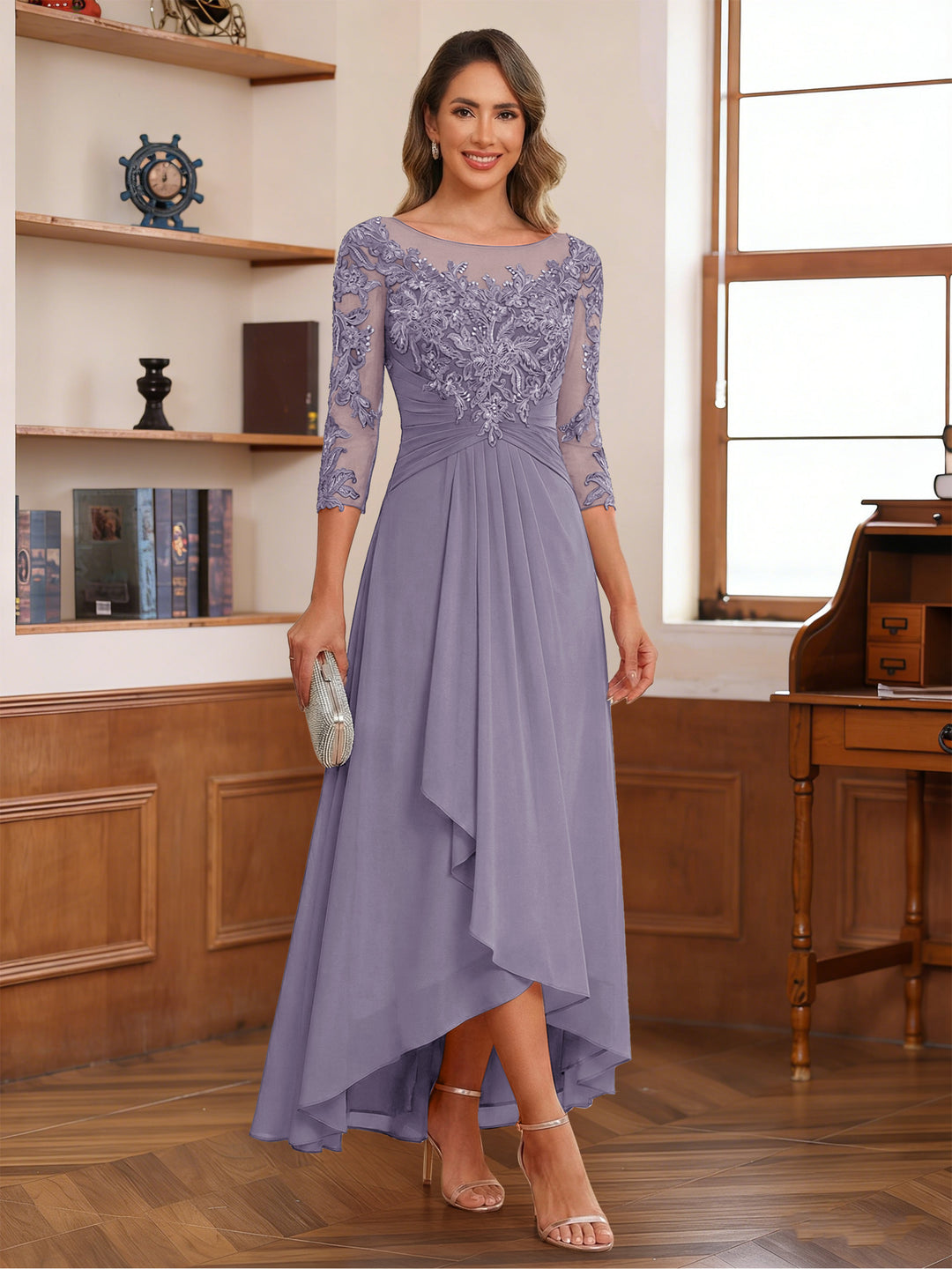 A-Line/Princess Scoop 3/4 Sleeves Ankle-Length Mother of the Bride Dress With Appliques &amp; Lace