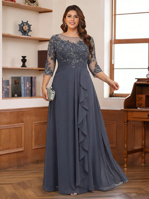 Chiffon A-Line/Princess Scoop 3/4 Sleeves Plus Size Mother of the Bride Dresses with Appliques & Ruffles