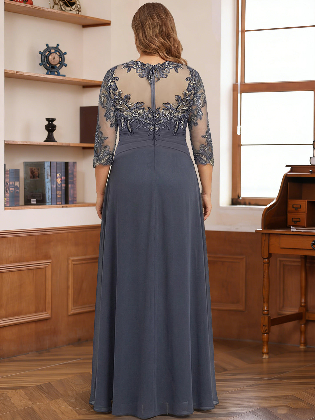 Chiffon A-Line/Princess Scoop 3/4 Sleeves Plus Size Mother of the Bride Dresses with Appliques &amp; Ruffles