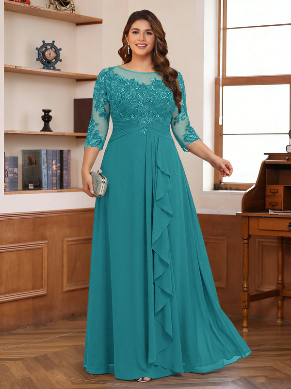 Chiffon A-Line/Princess Scoop 3/4 Sleeves Plus Size Mother of the Bride Dresses with Appliques & Ruffles
