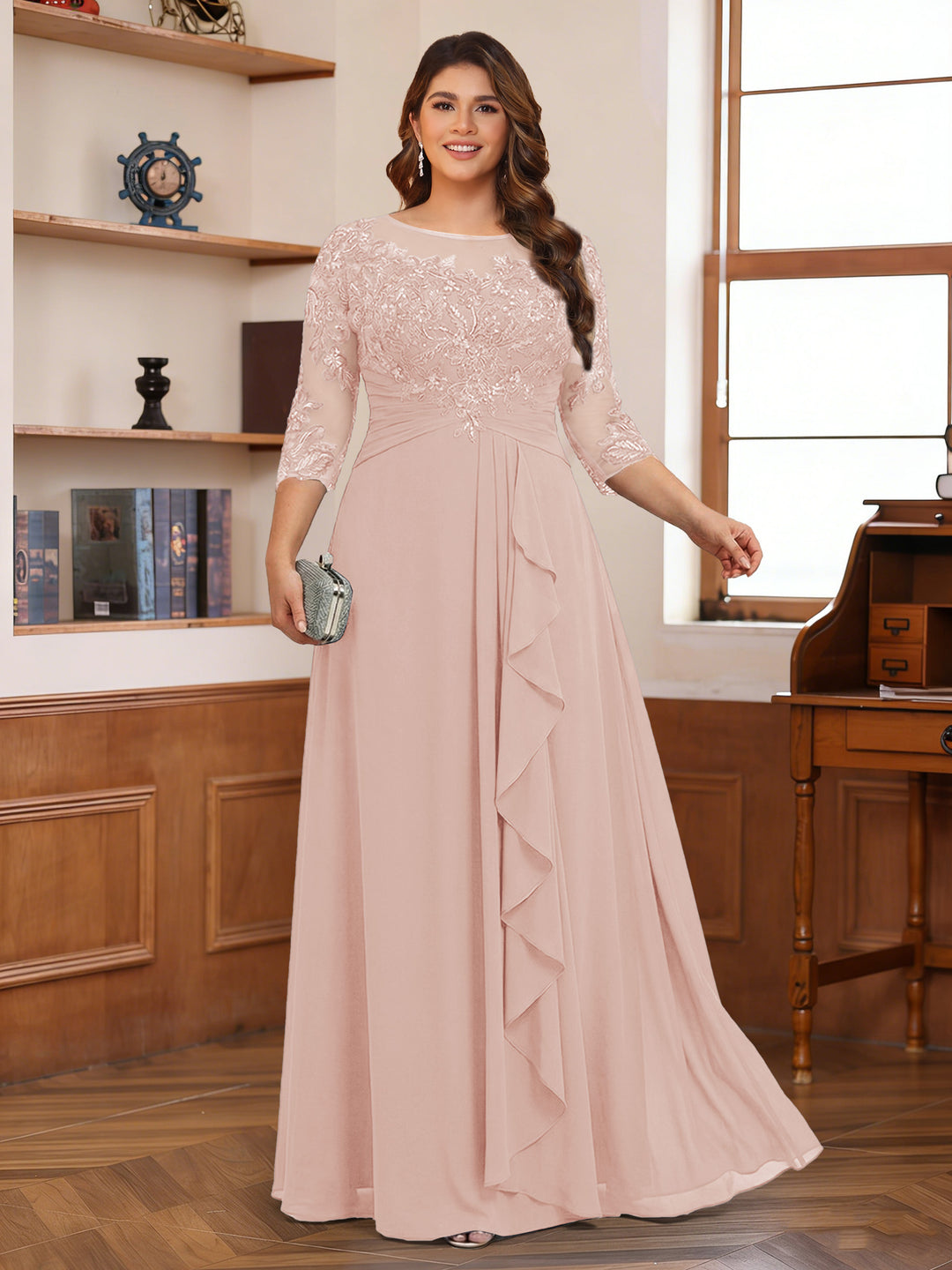 Chiffon A-Line/Princess Scoop 3/4 Sleeves Plus Size Mother of the Bride Dresses with Appliques &amp; Ruffles