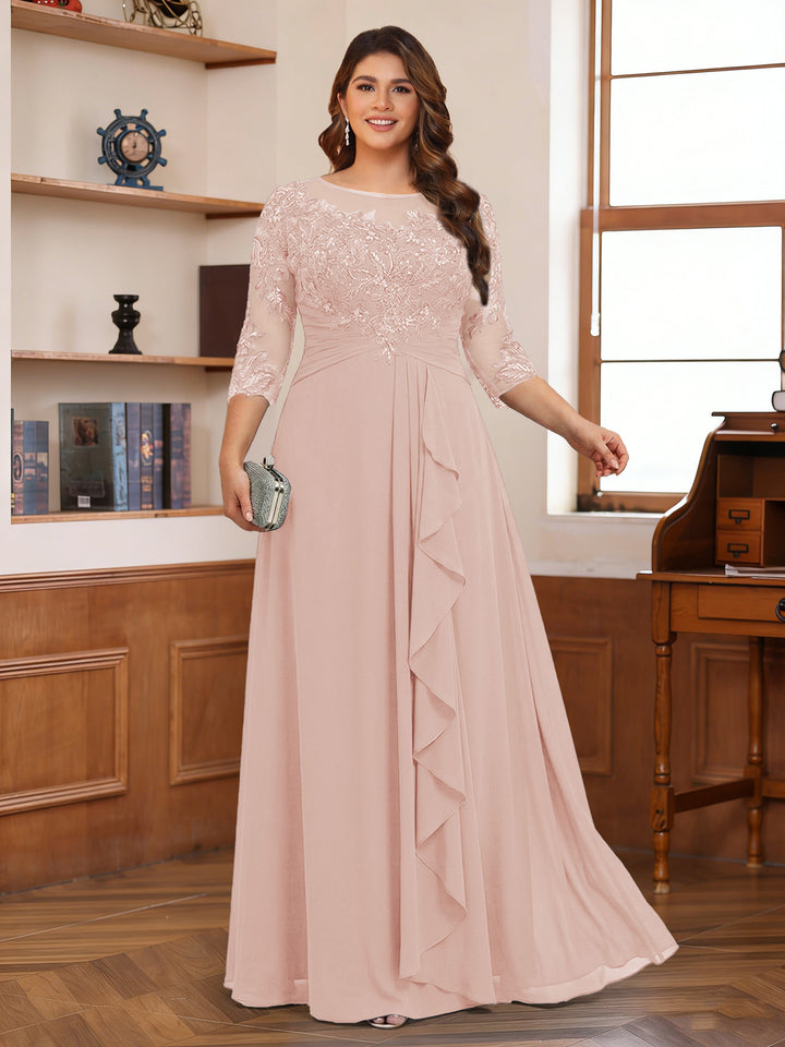 Chiffon A-Line/Princess Scoop 3/4 Sleeves Plus Size Mother of the Bride Dresses with Appliques &amp; Ruffles
