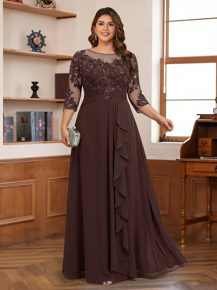 Chiffon A-Line/Princess Scoop 3/4 Sleeves Plus Size Mother of the Bride Dresses with Appliques &amp; Ruffles