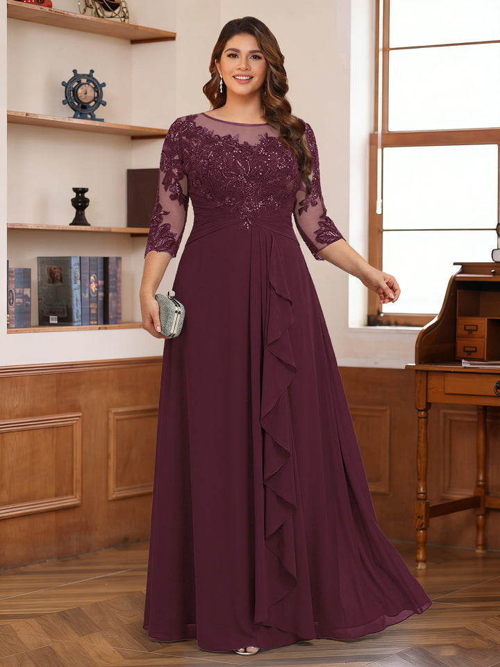 Chiffon A-Line/Princess Scoop 3/4 Sleeves Plus Size Mother of the Bride Dresses with Appliques &amp; Ruffles
