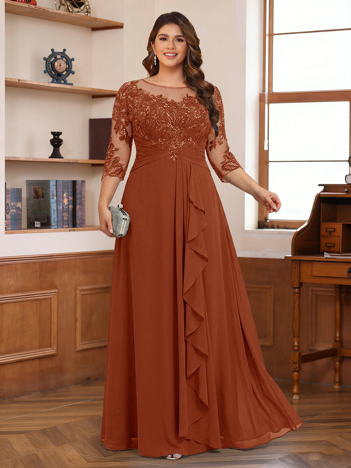 Chiffon A-Line/Princess Scoop 3/4 Sleeves Plus Size Mother of the Bride Dresses with Appliques &amp; Ruffles
