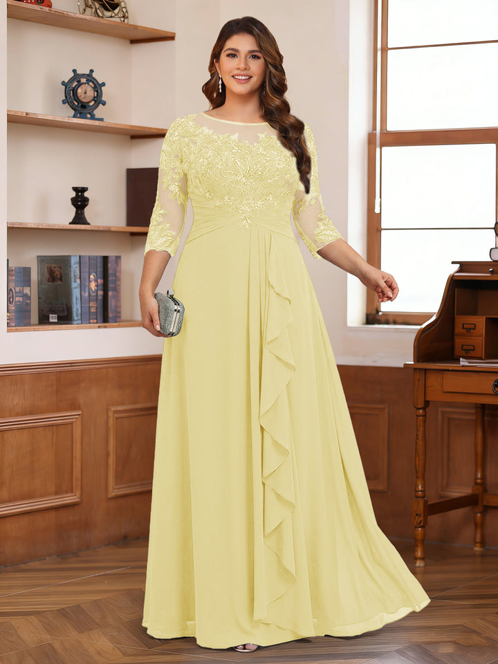 Chiffon A-Line/Princess Scoop 3/4 Sleeves Plus Size Mother of the Bride Dresses with Appliques &amp; Ruffles