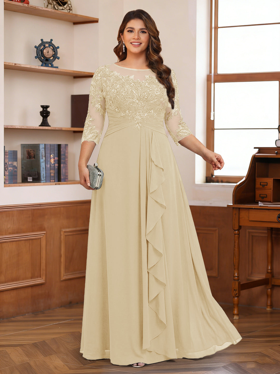 Chiffon A-Line/Princess Scoop 3/4 Sleeves Plus Size Mother of the Bride Dresses with Appliques &amp; Ruffles