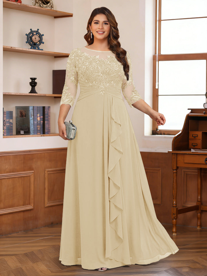 Chiffon A-Line/Princess Scoop 3/4 Sleeves Plus Size Mother of the Bride Dresses with Appliques &amp; Ruffles