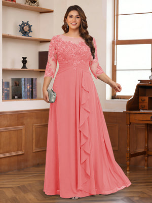 Chiffon A-Line/Princess Scoop 3/4 Sleeves Plus Size Mother of the Bride Dresses with Appliques & Ruffles