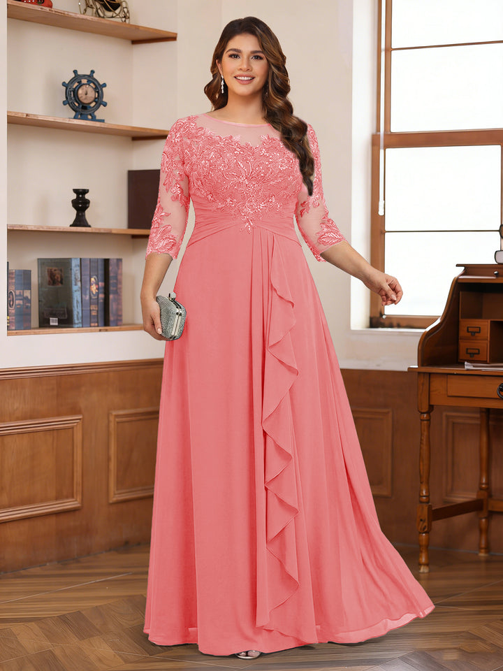 Chiffon A-Line/Princess Scoop 3/4 Sleeves Plus Size Mother of the Bride Dresses with Appliques &amp; Ruffles