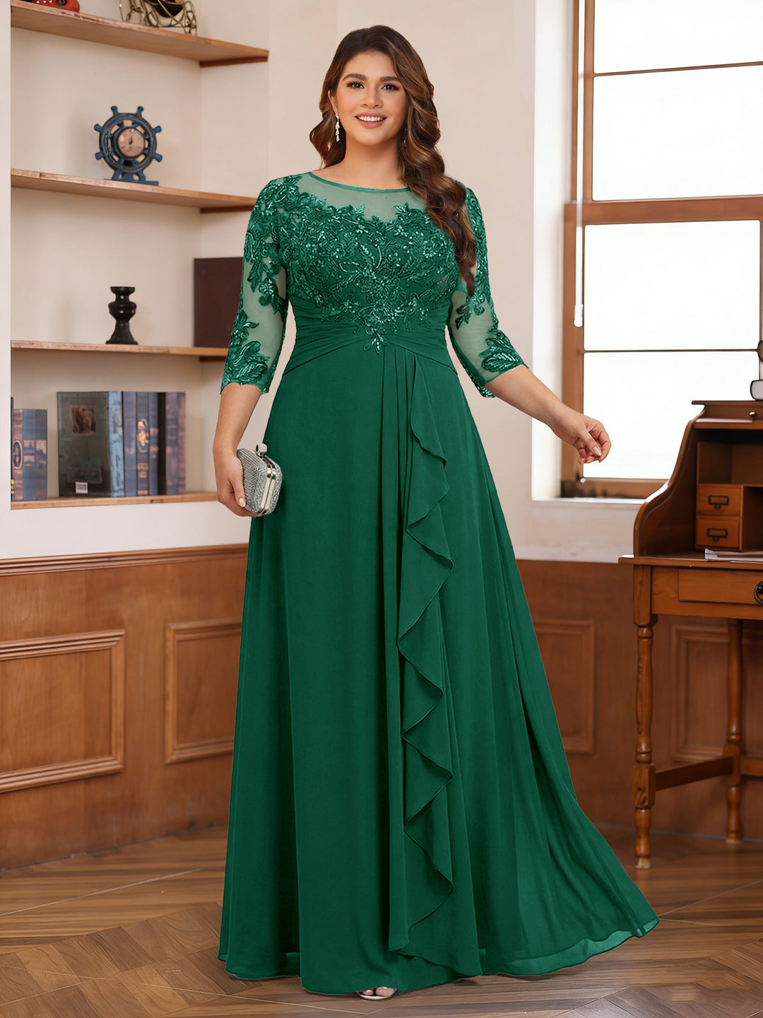 Chiffon A-Line/Princess Scoop 3/4 Sleeves Plus Size Mother of the Bride Dresses with Appliques &amp; Ruffles