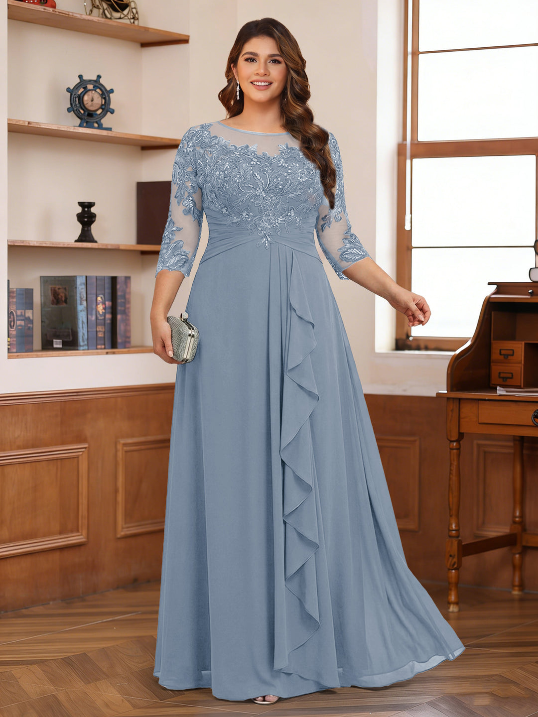Chiffon A-Line/Princess Scoop 3/4 Sleeves Plus Size Mother of the Bride Dresses with Appliques &amp; Ruffles