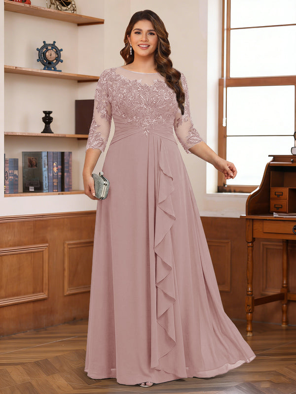 Chiffon A-Line/Princess Scoop 3/4 Sleeves Plus Size Mother of the Bride Dresses with Appliques & Ruffles