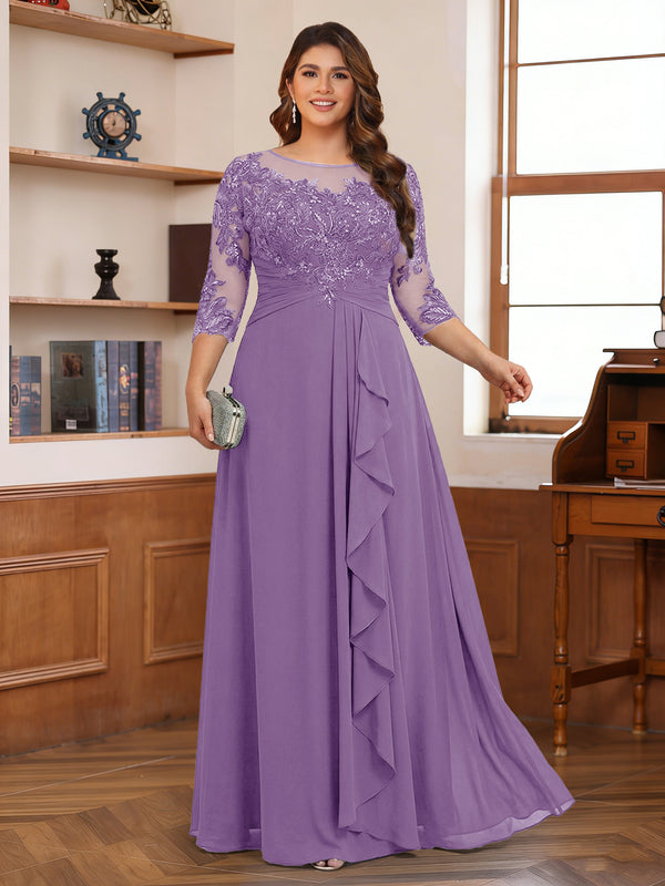 Chiffon A-Line/Princess Scoop 3/4 Sleeves Plus Size Mother of the Bride Dresses with Appliques & Ruffles