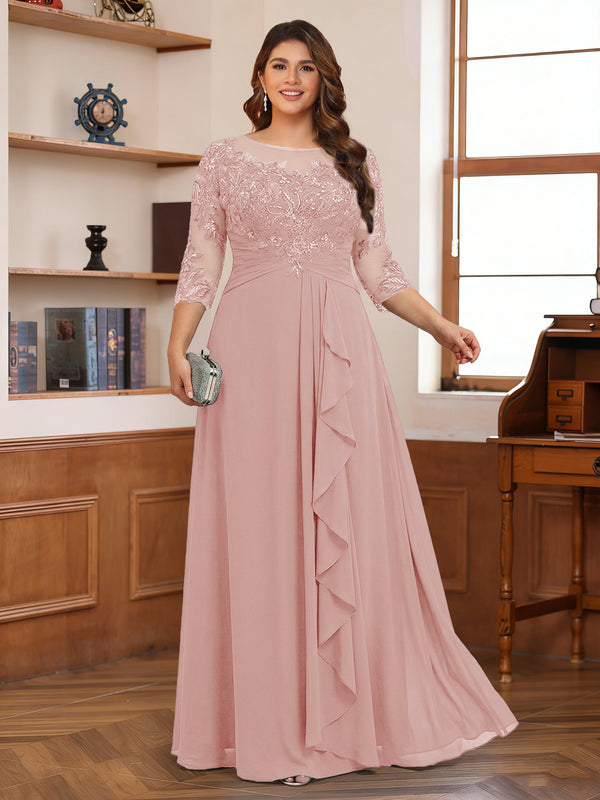 Chiffon A-Line/Princess Scoop 3/4 Sleeves Plus Size Mother of the Bride Dresses with Appliques & Ruffles