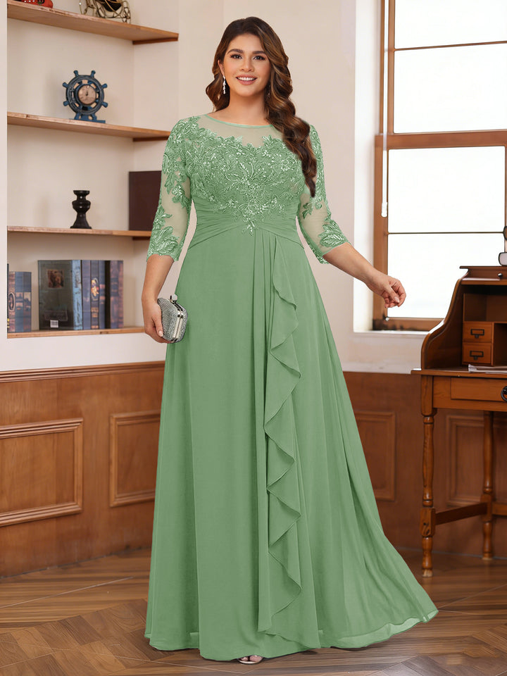 Chiffon A-Line/Princess Scoop 3/4 Sleeves Plus Size Mother of the Bride Dresses with Appliques &amp; Ruffles