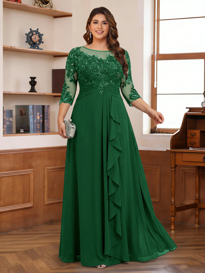 Chiffon A-Line/Princess Scoop 3/4 Sleeves Plus Size Mother of the Bride Dresses with Appliques &amp; Ruffles