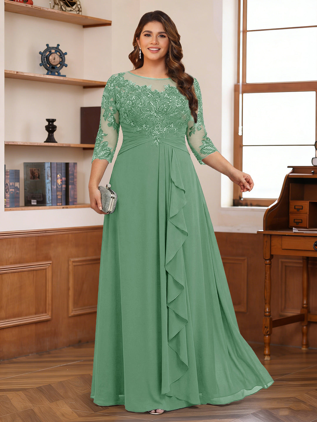 Chiffon A-Line/Princess Scoop 3/4 Sleeves Plus Size Mother of the Bride Dresses with Appliques &amp; Ruffles