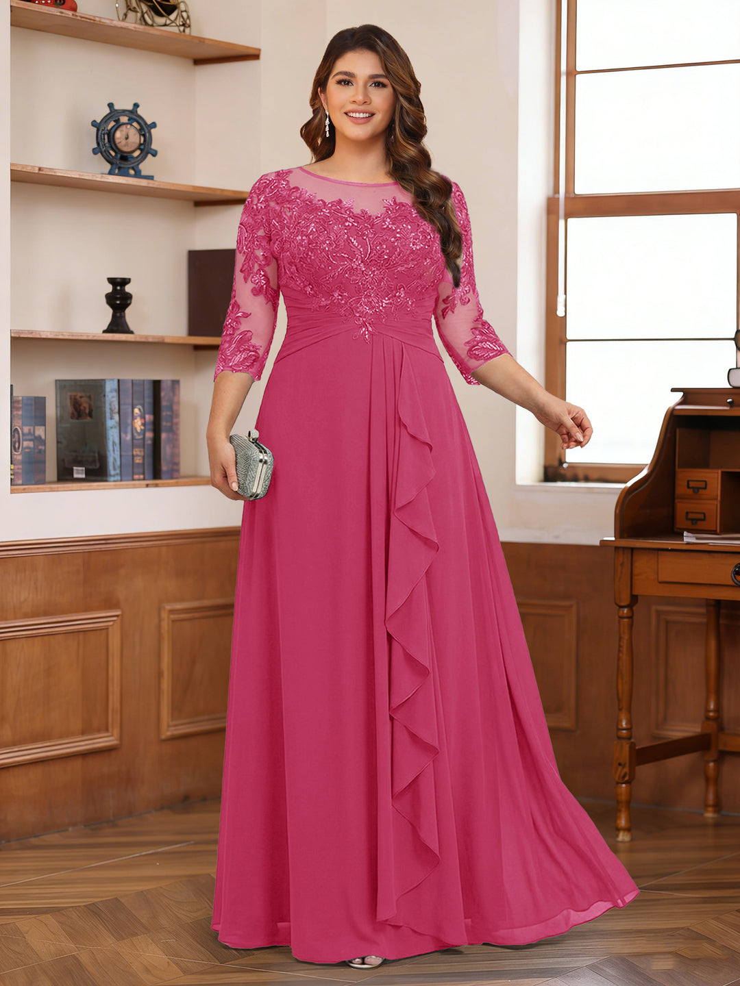 Chiffon A-Line/Princess Scoop 3/4 Sleeves Plus Size Mother of the Bride Dresses with Appliques &amp; Ruffles