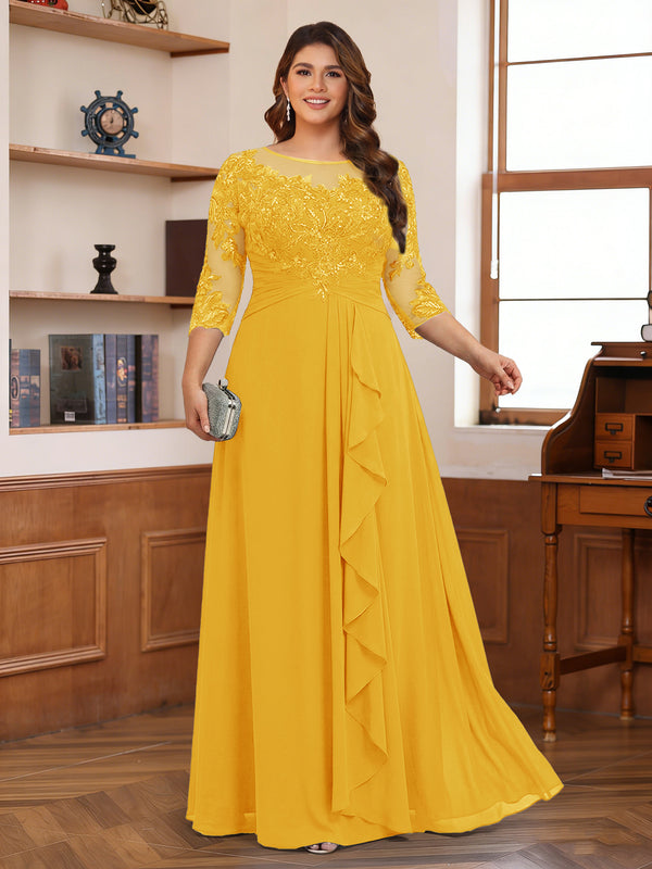 Chiffon A-Line/Princess Scoop 3/4 Sleeves Plus Size Mother of the Bride Dresses with Appliques & Ruffles
