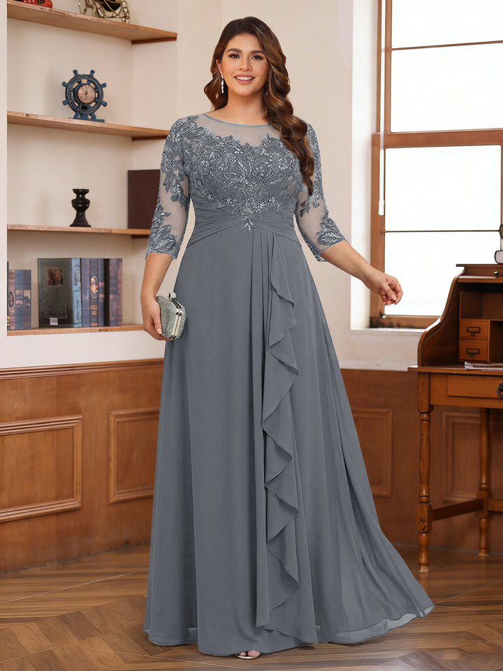 Chiffon A-Line/Princess Scoop 3/4 Sleeves Plus Size Mother of the Bride Dresses with Appliques &amp; Ruffles