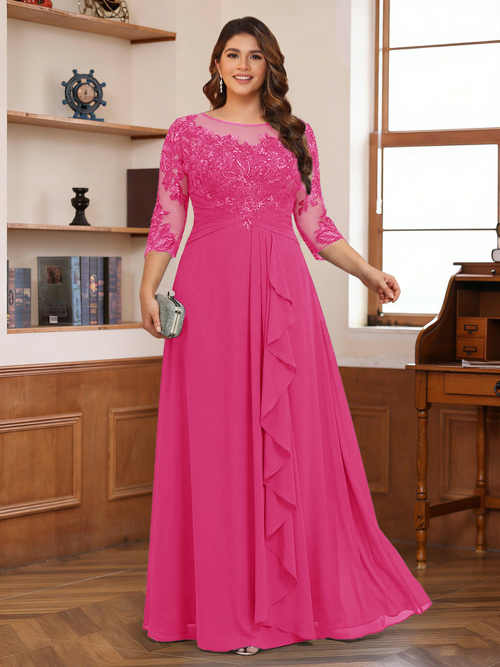 Chiffon A-Line/Princess Scoop 3/4 Sleeves Plus Size Mother of the Bride Dresses with Appliques &amp; Ruffles
