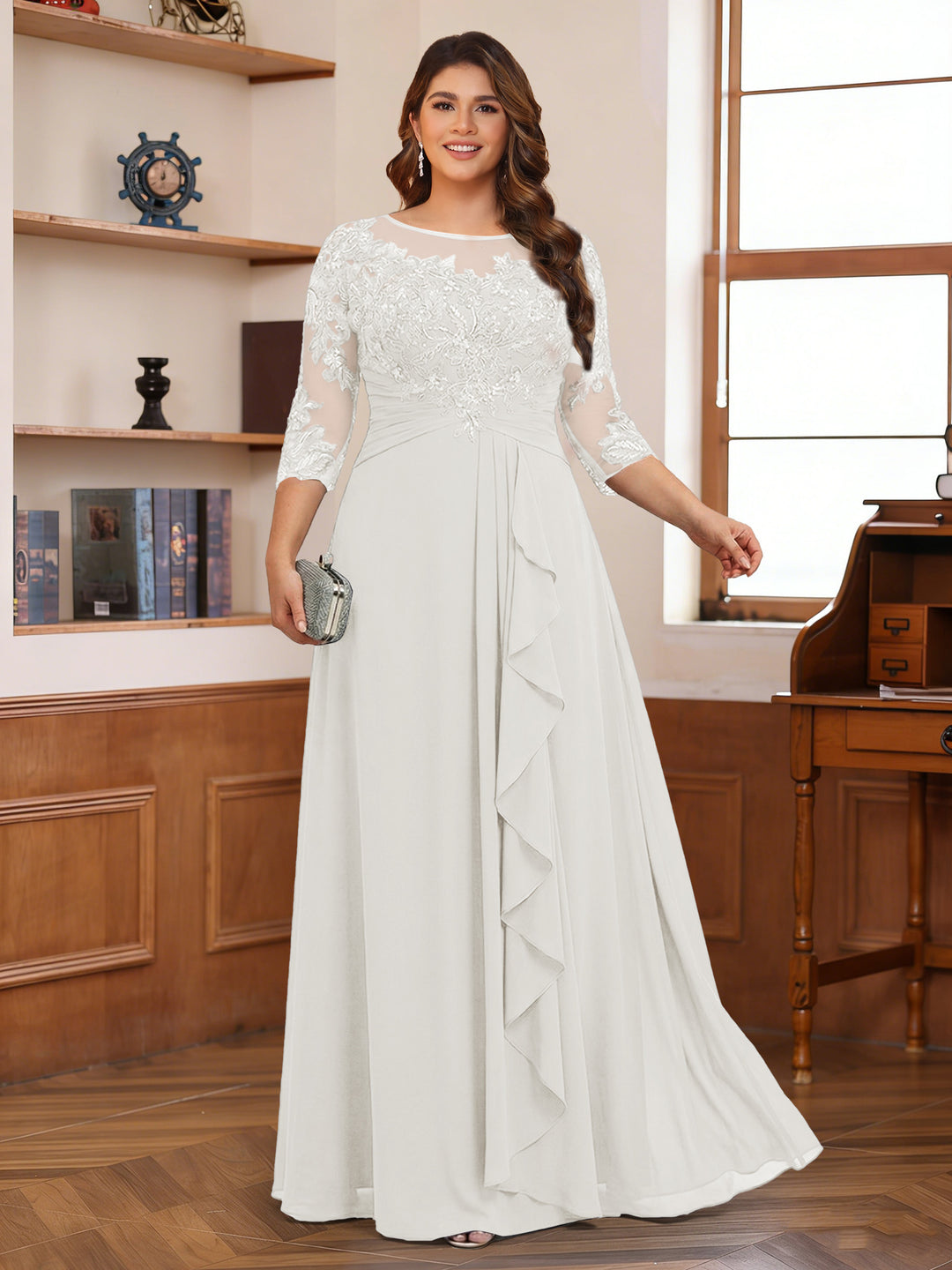 Chiffon A-Line/Princess Scoop 3/4 Sleeves Plus Size Mother of the Bride Dresses with Appliques &amp; Ruffles