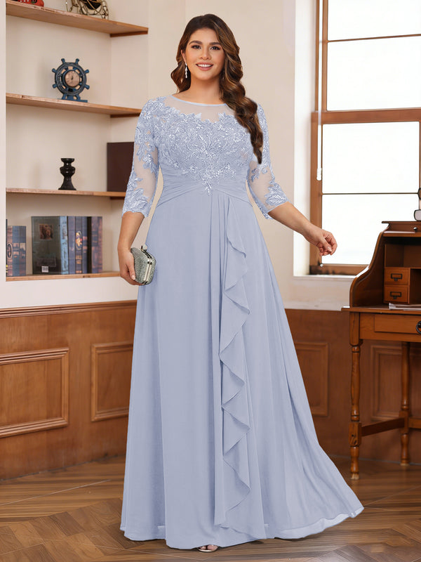 Chiffon A-Line/Princess Scoop 3/4 Sleeves Plus Size Mother of the Bride Dresses with Appliques & Ruffles