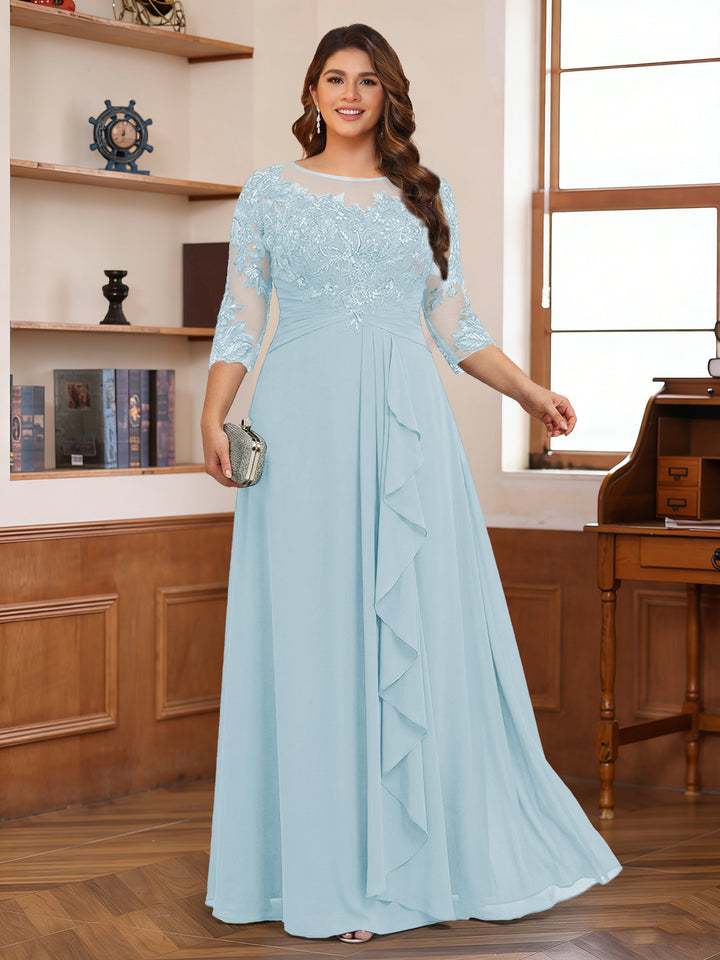 Chiffon A-Line/Princess Scoop 3/4 Sleeves Plus Size Mother of the Bride Dresses with Appliques &amp; Ruffles