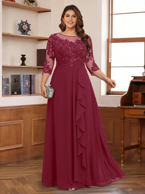 Chiffon A-Line/Princess Scoop 3/4 Sleeves Plus Size Mother of the Bride Dresses with Appliques & Ruffles