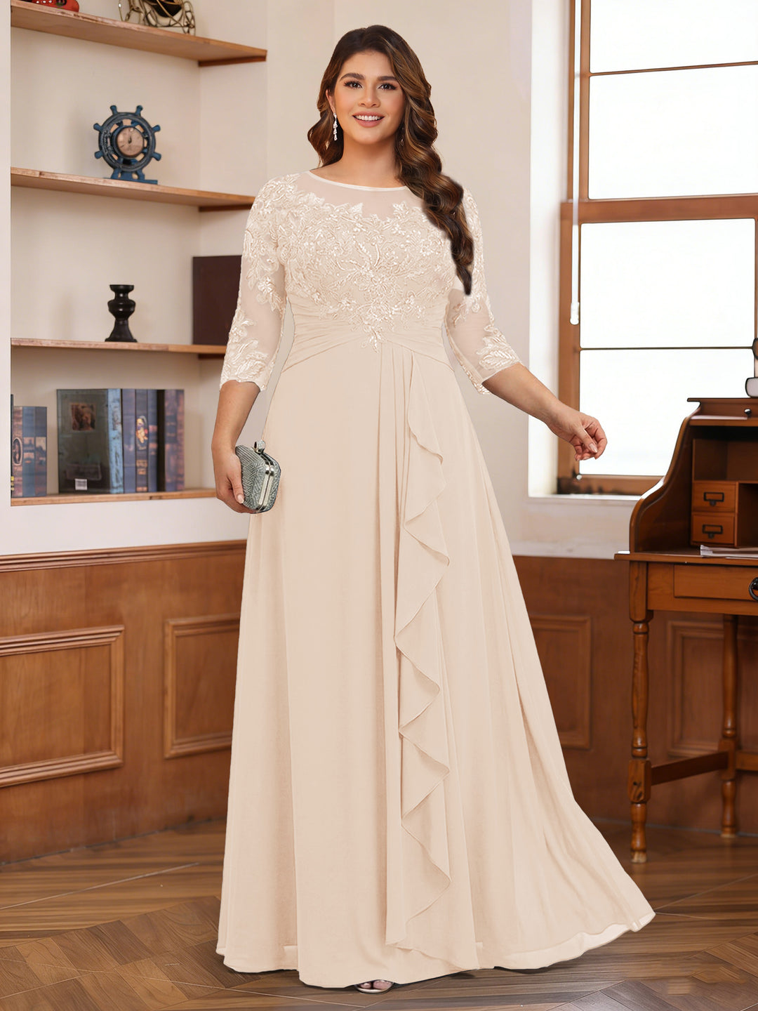Chiffon A-Line/Princess Scoop 3/4 Sleeves Plus Size Mother of the Bride Dresses with Appliques &amp; Ruffles