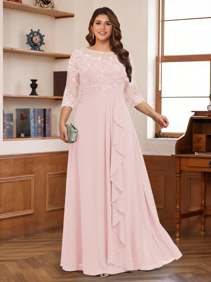 Chiffon A-Line/Princess Scoop 3/4 Sleeves Plus Size Mother of the Bride Dresses with Appliques &amp; Ruffles