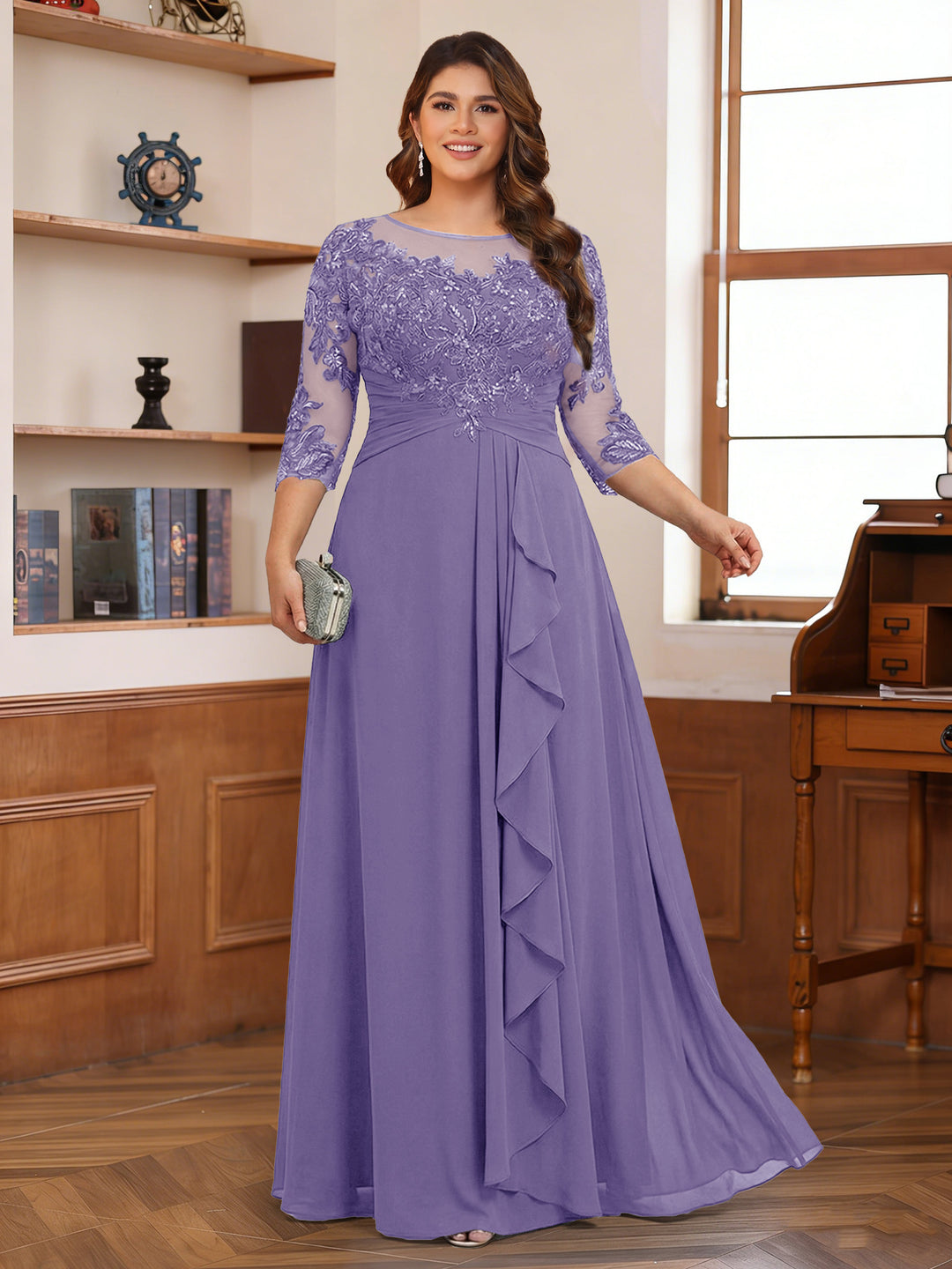 Chiffon A-Line/Princess Scoop 3/4 Sleeves Plus Size Mother of the Bride Dresses with Appliques &amp; Ruffles